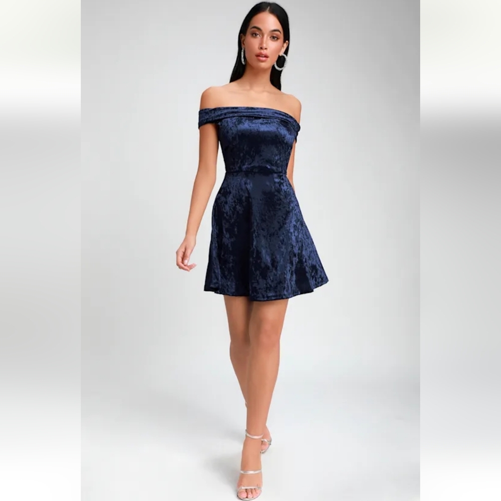 Lulus Season of Fun Navy Blue Velvet Off-the-Shoulder Skater Dress